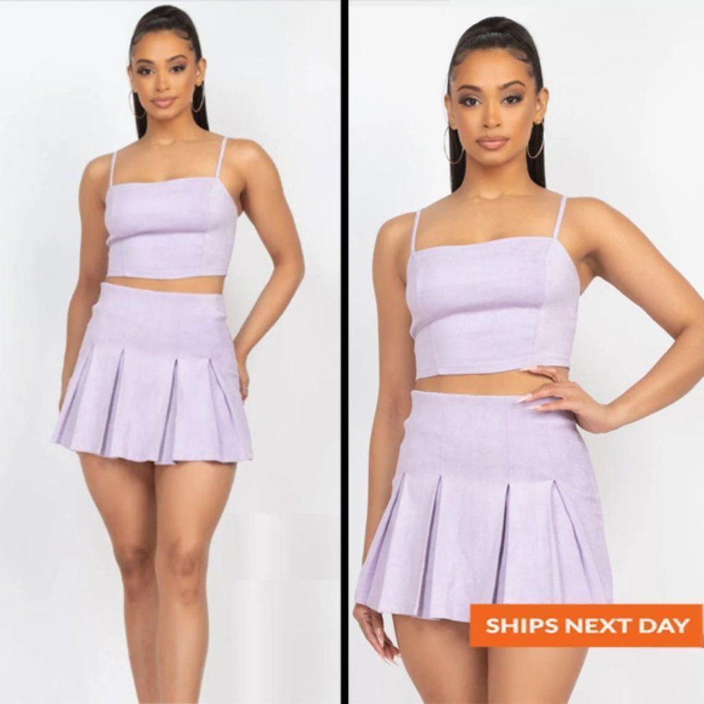 Faux Suede Cami Top & Pleated Skort Set - Pleated Skirt - Two Piece Set - Women